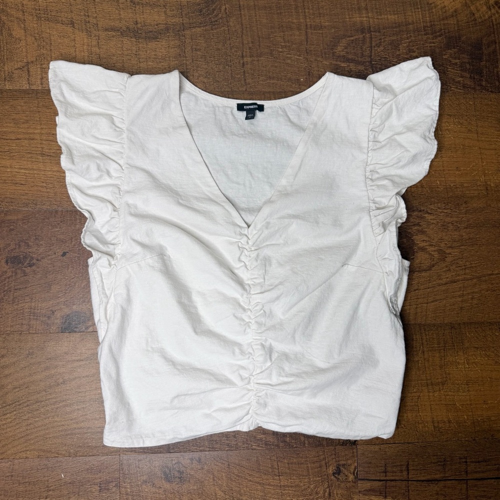 Express Linen-Blend V-Neck Ruched Front Flutter Sleeve Top